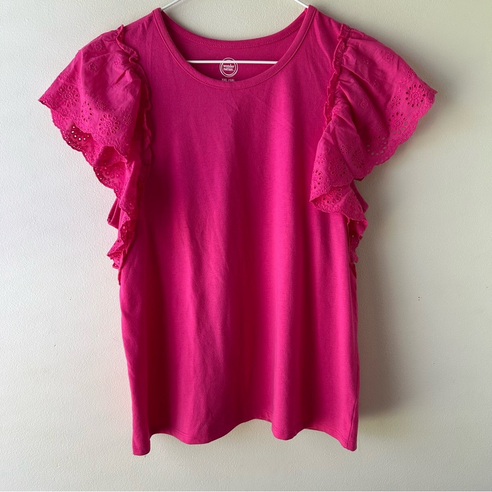 5 FOR $25 | Wonder Nation Short Sleeve Ruffle Eyelet Tee Hot Pink XXL 18 (girls)